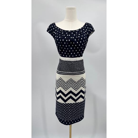 Chetta B Navy Cream Geo Print Cap Sleeve Sheath Dress Size 8 Excellent Condition - Picture 1 of 6